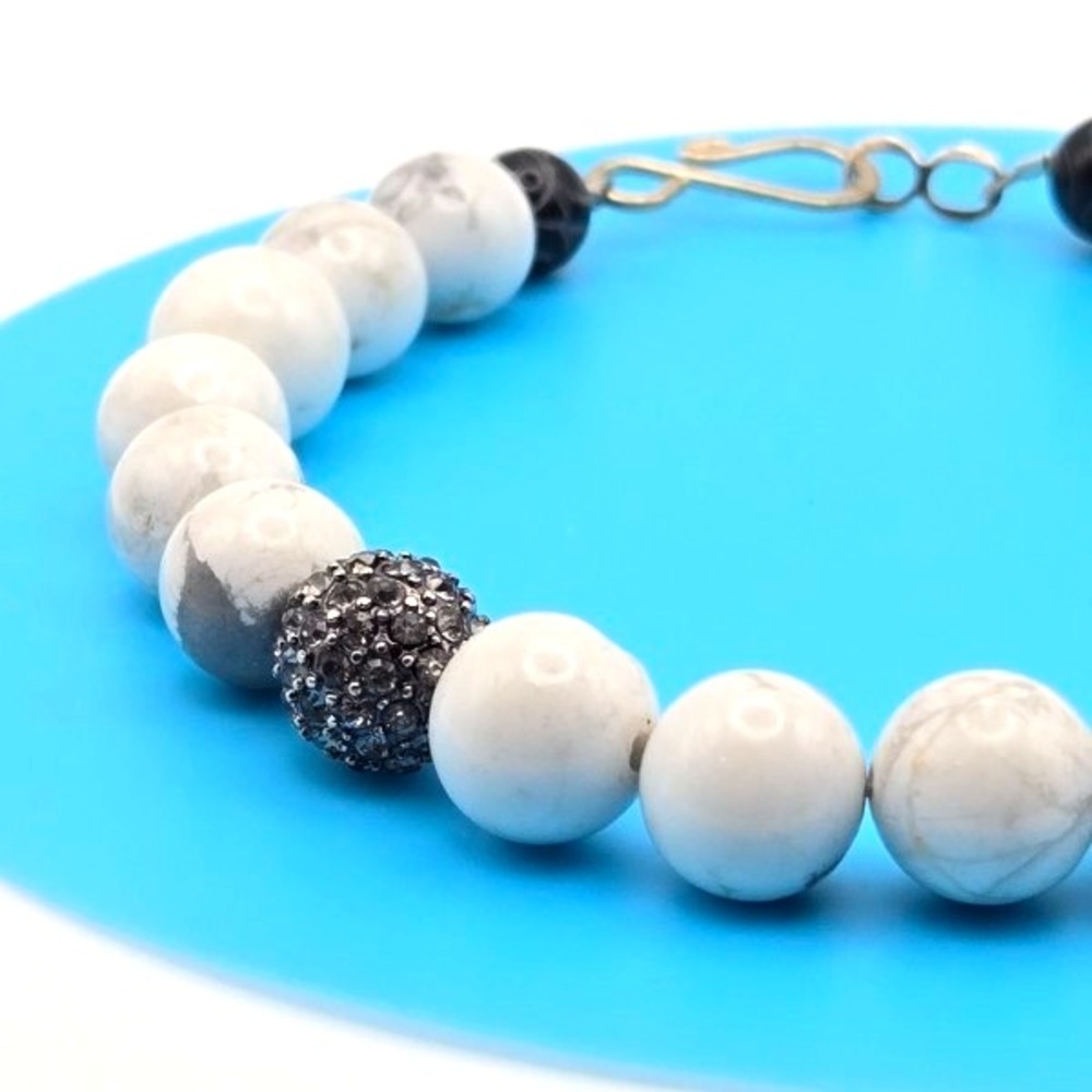 Handmade Howlite‎ Beaded Bracelet with Etched Black Stone and Micro Pave Bead 9"